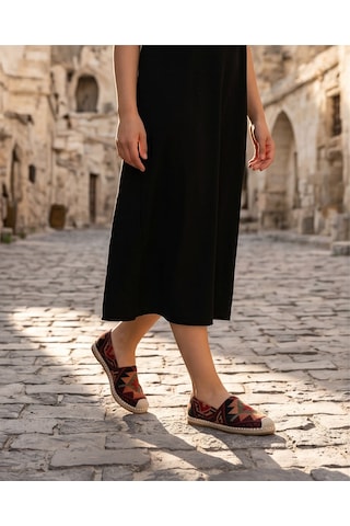 Futsishoes Vıola Bordo Hakiki Deri Kilim Desenli Kadın Etnik Desen Espadril Ayakkabı