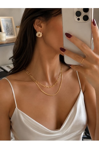 Gold Sedef Desenli Çelik Küpe Vintage Oval Tasarım Altın