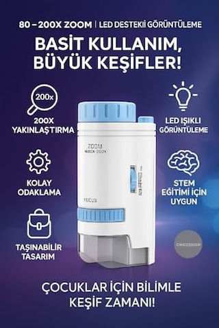 Cngzshop Mini Mikroskop, 80x-200x Zoom, Led Işıklı, Çocuk Keşif Aracı, Mavi