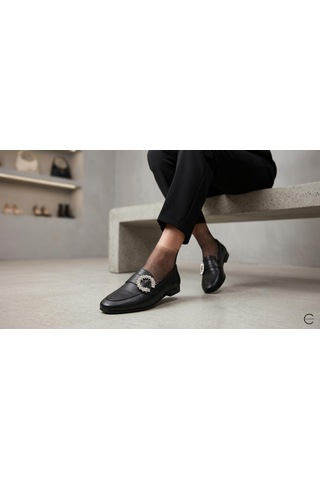 Venüs 26484214 Kadın Taş Toka İnce Taban Loafer Ayakkabı Siyah