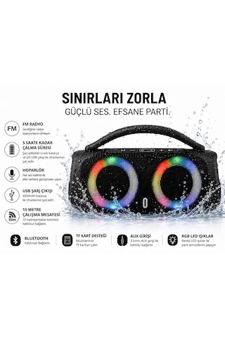 Booms Box3 Rbg Hoparlör Süper Bass Bluetooth Fm Radyo Udb Aux Tf Kart Desteği Renkli Led Işıklı 2 Hoparlörlü 5.3 Bluetooth Su Dayanıklı Taşınabilir