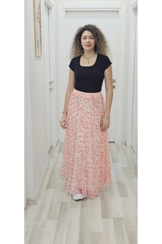 Bel Lastikli Kloş Şifon Etek 6003-beyaz/turuncu Beyaz/turuncu Beyaz - Turuncu