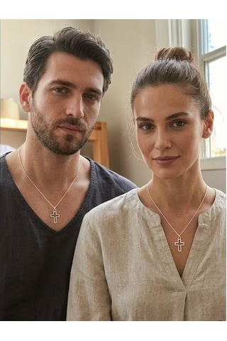 Unisex Gümüş Haç Kolye Minimalist Çelik Zincirli Erkek & Kadın Şık Cross Necklace Trend Aksesuar H002