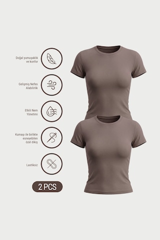 Auw Kadın Bisiklet Yaka Pamuklu Modal T-shirt 2'li - Softfit Vizon - Vizon