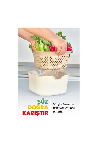 9'lu Mutfak Hazırlık Seti - Yatay Standlı Kulplu Kesme Tahtası Karıştırma Kabı Süzgeç Limon Sıkacağı Bej