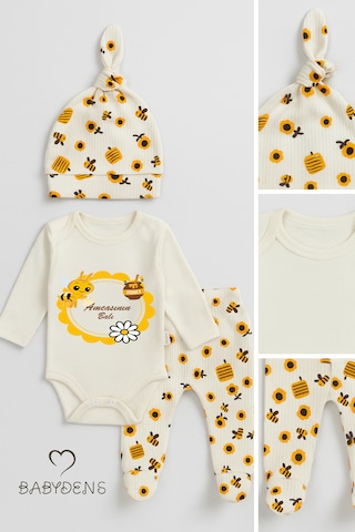 Babyden's Amcasının Balı Baskılı Yenidoğan Bebek Takımı 3 Lü Set Pamuklu Zıbın, Patikli Alt Ve Şapka Unisex Ekru