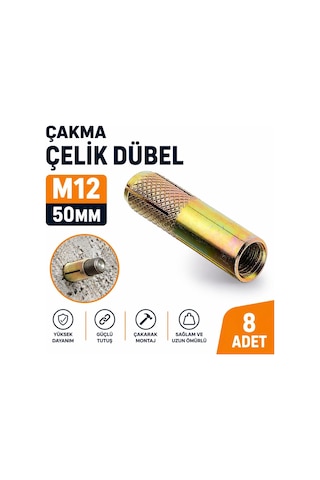 Tr Çakma Çelik Dübel M12 Prinç Sarı 50 Mm 8 Adet Set Beton Tuğla Uyumlu Güçlü Sabitleme Aparatı