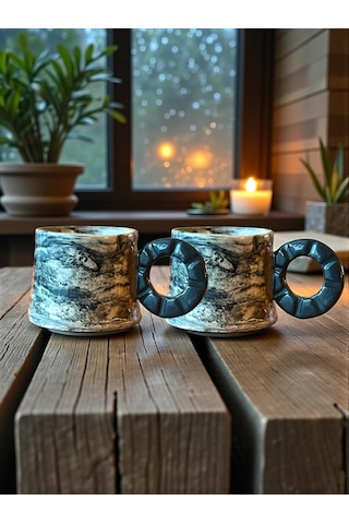 6'lı Nerikomi El Yapımı Stoneware Fincan Siyah - Beyaz