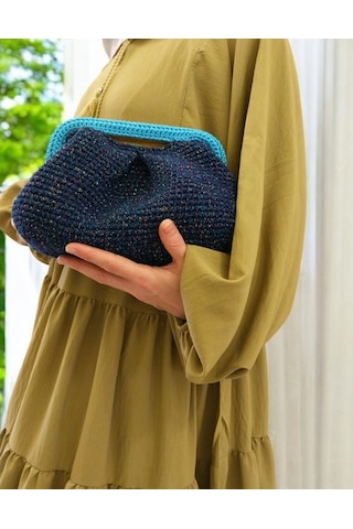 Parlak Tutmalı El Çantaları , El Yapımı Işıltılı Clutch, Örgü El Çantası Lacivert