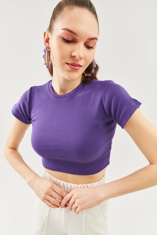Kadın Kısa Kol Bisiklet Yaka Vücuda Oturan %100 Pamuklu Kaşkorse Esnek Crop Bluz Mor
