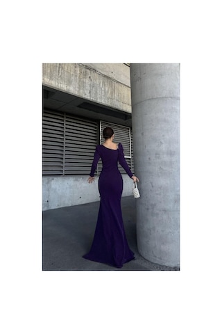 Lior Design Kadın Şık Model Kayık Yaka Taş Detaylı Uzun Kollu Abiye Elbise Mor