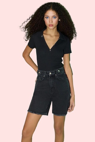 Ersefa Kadın Denim Şort Pamuk Yüksek Bel City Short Rahat Günlük Stil Ha siyah