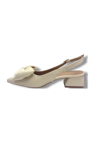C-shoes Mr151-26 Saten Tokalı Fiyonk Kısa Kare Topuk Arkası Açık Kadın Ayakkabı Krem