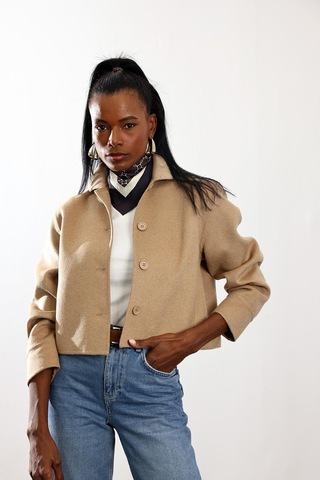 Camel Gömlek Yaka Kısa Yün Ceket CAMEL