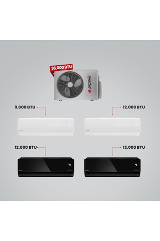 Arçelik 1+4 Multi Sistem 36100 MD Pro Dış Ünite 9 BTU Beyaz + 2 Adet 12 BTU Siyah + 12 BTU Beyaz İç Üniteler Duvar Tipi Klima