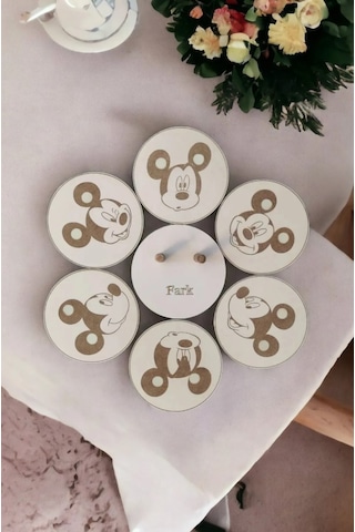 Ahşap Bardak Altlığı Miki Mouse Dekoratif Silinebilir 6'lı Set Beyaz