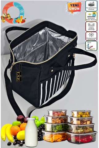 Sıcak, Soğuk Isı Yalıtımlı Termal Termoslu Yemek, Mama, Beslenme, Gıda İçin Askılı Taşıma Çantası Altın - Siyah