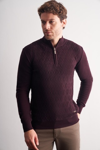 İmza Mürdüm Dik Yaka Uzun Kol Cepsiz Slim Fit Casual Pamuklu Triko Kazak 1012255108 Mürdüm