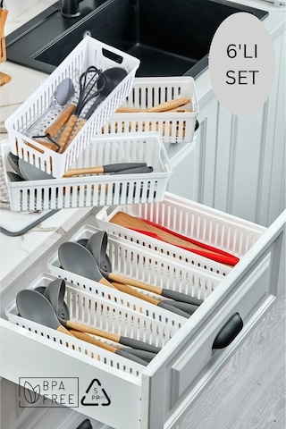 6'lı Set Kaşıklık Ve Kepçelik Çekmece Içi Düzenleyici / Beyaz Beyaz