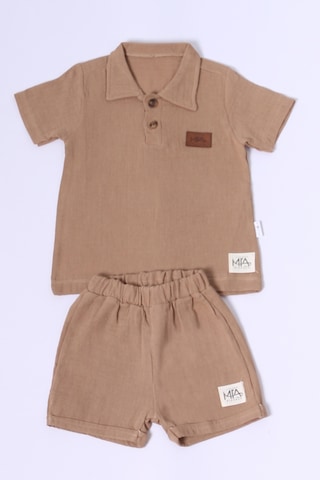 Erkek Bebek Şortlu Takım Polo Yaka Düğmeli Düz Renk E8 kahverengi