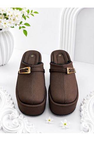 Dabab Shoes Nara Kadın Acı Kahve Sıcak Kürklü Gold Tokalı Kapalı Burun Dolgu Topuklu Platform Terlik Kahverengi