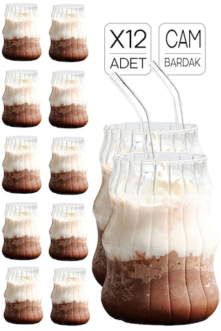 12 Adet Su Kabağı Şekli Soğuk - Sıcak Kahve Sunum Bardağı Pipetli