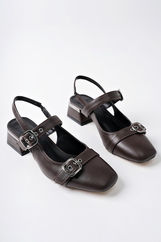 Muggo Yuqi Arkası Açık Küt Burun Çift Kemerli Kadın Günlük Klasik Kısa Topuklu Ayakkabı Kahverengi