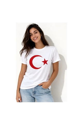Butik İstanbul T-shirt Kısa Kol Bisiklet Yaka Ay Yıldız Bayrak Baskılı Tişört - Beyaz