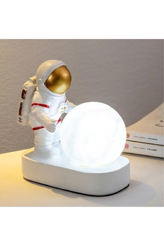 Astronot Ay Led Gece Lambası Yatak Odası Başucu Masaüstü Yaratıcı Lamba Süs Obje Beyaz