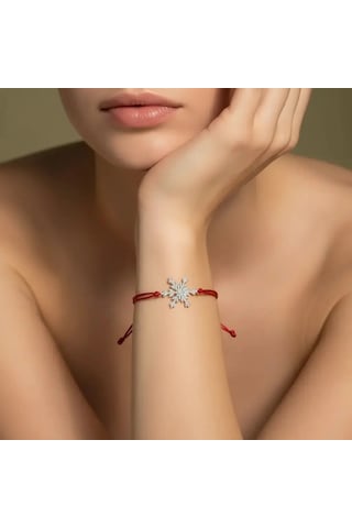 G&a Jewels - Kar Tanesi - 925 Ayar Gümüş 0.01ct Pırlanta Taşlı Kırmızı İpli Bileklik Gümüş - Kırmızı