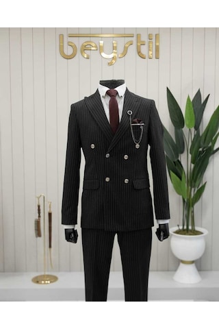 Beystil Sivri Yaka Siyah Çizgili Kruvaze Takım Elbise Lecce- Slim Fit Siyah