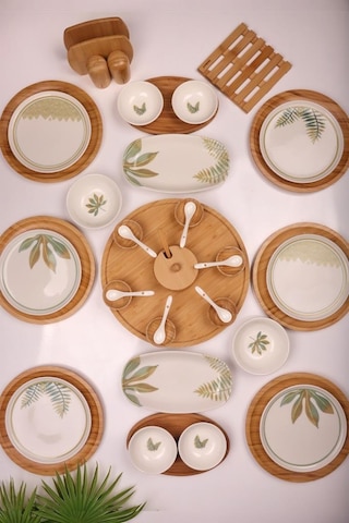 Atbyhome Dawn 6 Kişilik 42 Parça Doğal Bambu Porselen Kahvaltı Takımı Kahvaltı Seti Sunum Seti Beyaz