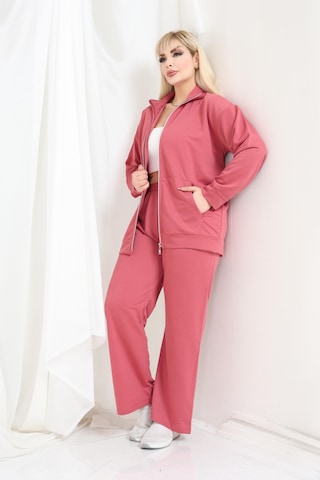 Kadın Büyük Beden Fermuarlı Uzun Kollu Rahat Günlük Eşofman Takım Pembe