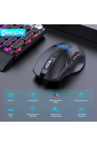 Mkespn W10 Dual Mode Rgb Gaming Mouse 2.4 Ghz Bluetooth 2400 Dpı 9 Tuş Makro 500hz Siyah Diğer