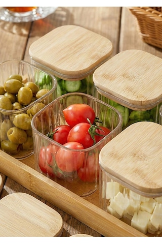 Cam Kahvaltı Takımı -bambu Kare Kahvaltılık 13 Parça, Çizgili Şeffaf