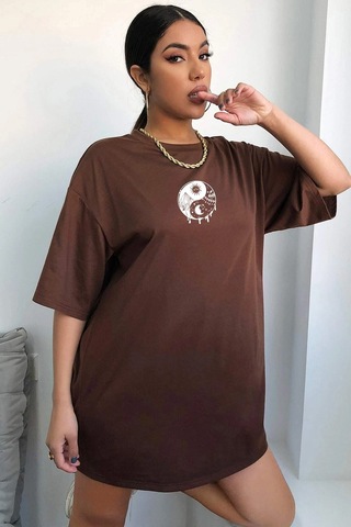 Flood Of Style Unisex Yin & Yang Baskılı T-shirt Kahverengi