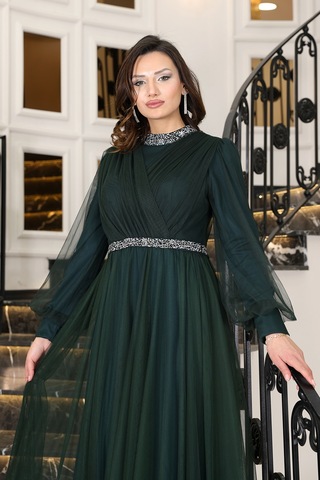 Raika Moda Senna Taş Detaylı Büyük Beden Şık Tesettür Abiye Zümrüt