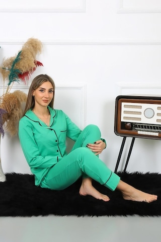Akbeniz Kadın Pamuk Penye Önden Düğmeli Uzun Kol Yeşil Pijama Takım 2782-yesil Yeşil