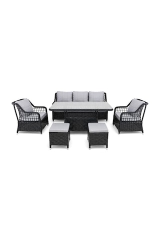 Niron Leo 3'lü Rattan Bahçe Oturma Grubu - Antrasit Temperli Cam Set 3+1+1+2 Puf