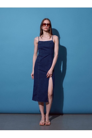 Dilvin 90584 Denim Yırtmaçlı Elbise-mavi-15321