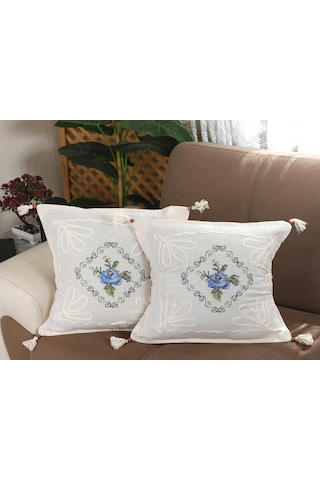 Kanaviçe İşlemeli 2 Li Kırlent Kılıfı Gül Demet-mavi Renk