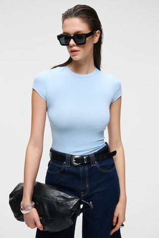 Grimelange HOPEWELL Kadın Yuvarlak Yaka Örme Slim Fit Mavi T-Shirt