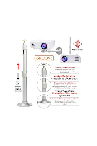 Vankyo Groove 30-60cm Alüminyum Projeksiyon Cihazı Tavan Askı Aparatı Duvar Bağlantı Aparatı Universal Projector Beyaz 360 Dönebilen Tripod Yuvalı