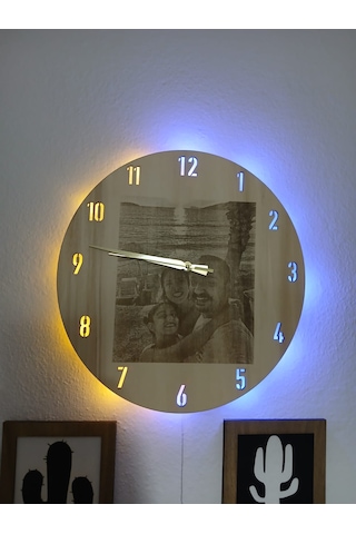 Kişiye Özel Fotoğraflı Ahşap Duvar Saati Led Işıklı Açık Ahşap