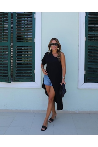 Reka Moda Kadın Tek Omuzu Açık Askılı Asimetrik Kesim Detaylı Bluz Siyah