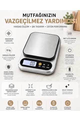 Nvg Dijital Mutfak Terazisi 10 Kg Yüksek Kapasite Hassas Ölçüm Gram Ons Ölçer 0,1g 1g Hassasiyet Tare Dara Fonksiyonlu Gümüş