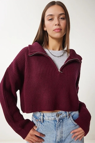 Cloudy Kids Kadın Oversize Fermuarlı Crop Triko Kazak Günlük Kullanım Mevsimlik Bordo - 607293446 Bordo