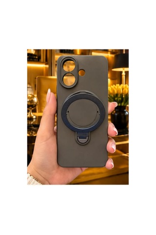 Poco X8 Pro İle Uyumlu 360 Derece Dönebilen Kalın Metal Magsafe Halka Stantlı İçi Kadife Korumalı Ultra Lüx Premium Silikon Kılıf Koyu Gri