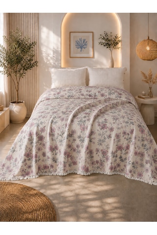 Premium Çiçek Desenli %100 Pamuk Müslin Yatak Örtüsü , Pike , 4 Mevsim Mor