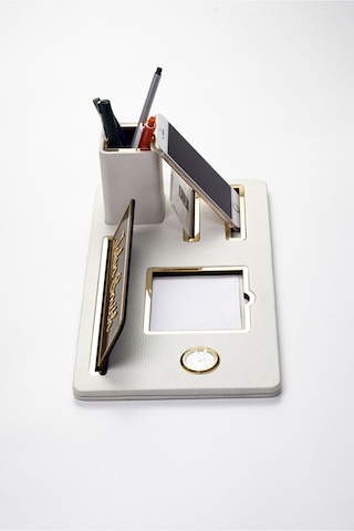 Turgut Office Masaüstü İsimliği Deri Organizer Beyaz Gold Detaylı Saat ve Kalemlikli